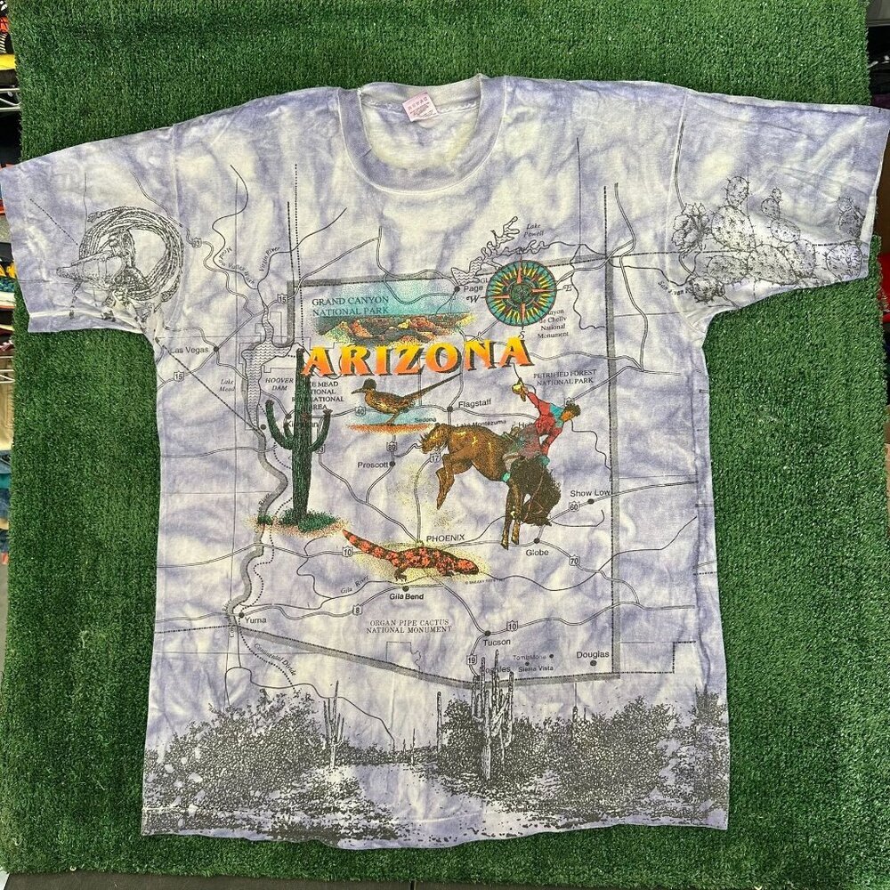 Vintage 90s Arizona Map AOP T-Shirt Single Stitch Tie Dye Western Cowboy XL